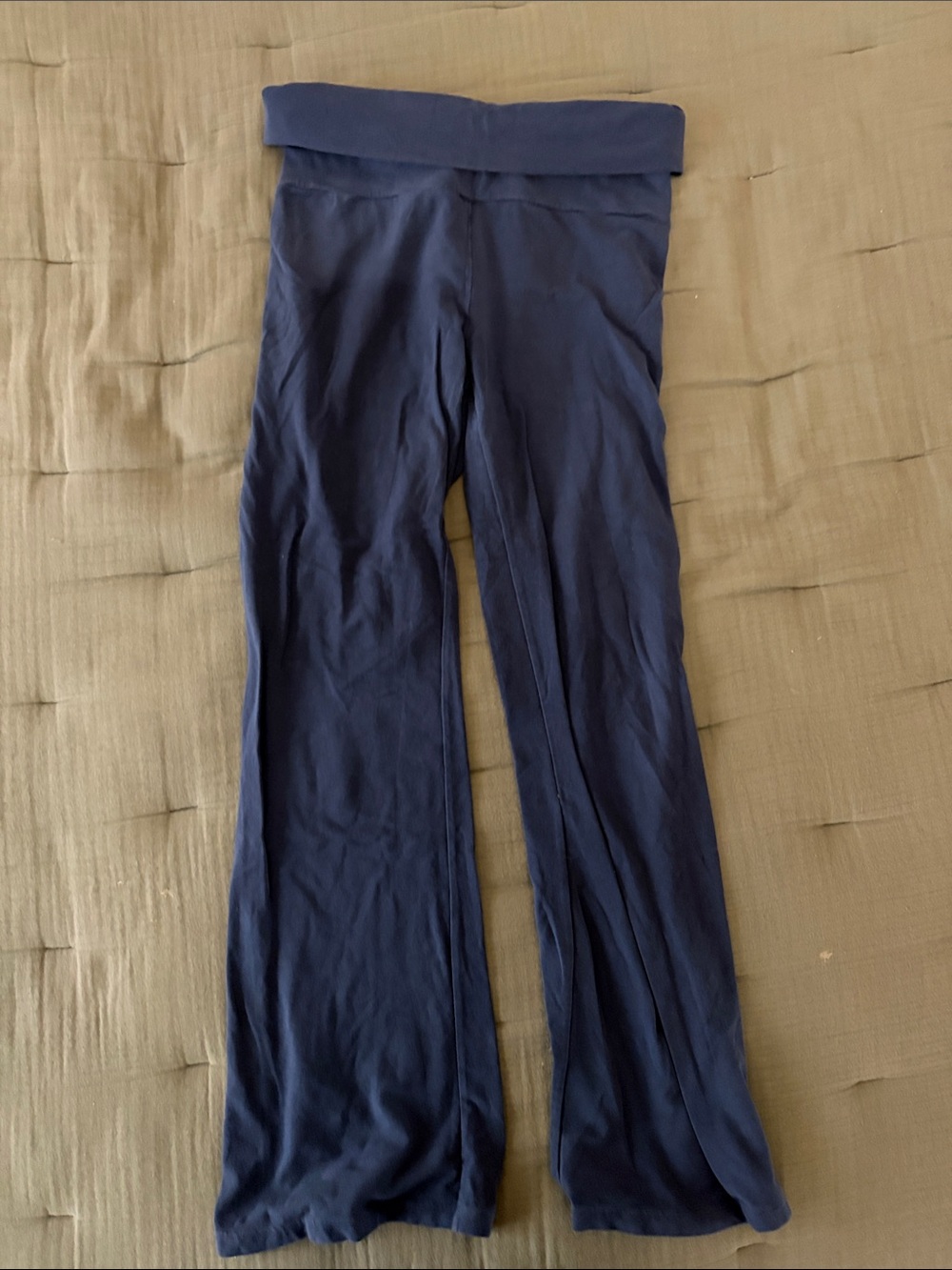 Cotton Flare Leg Fold-Over Waist Pants in Navy